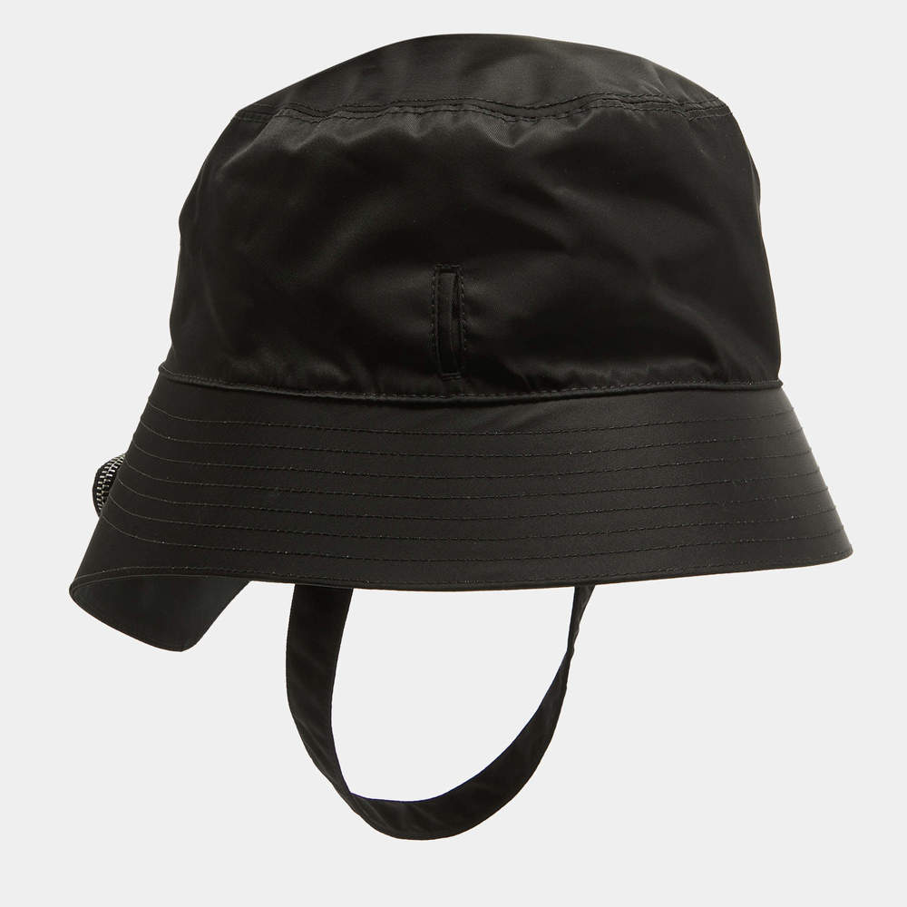 Prada Black Re-Nylon Triangle Logo Detail String Bucket Hat XL - Picture 2 of 8